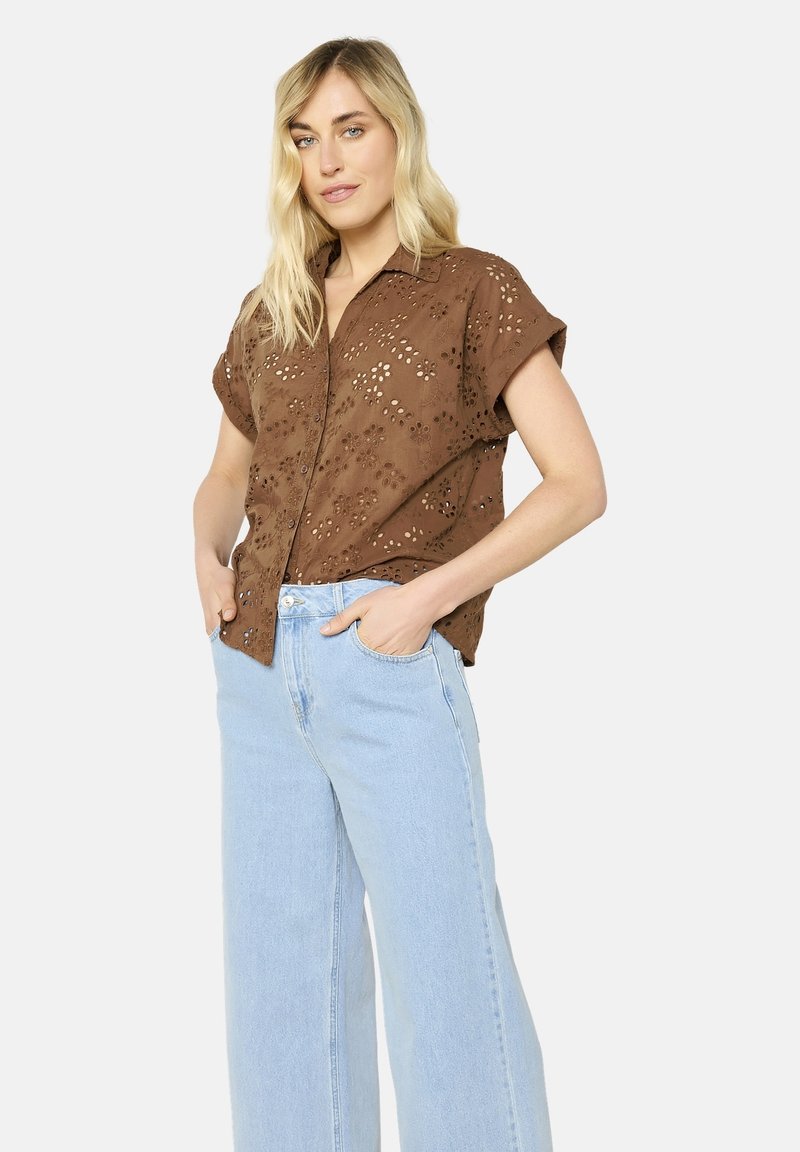 LolaLiza EMBROIDERED EYELET - Button-down blouse - brown dark chocolate