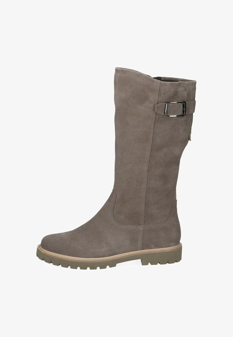 Botte mi-mollet en suède taupe avec semelle crantée et bride latérale à boucle, conçue pour un usage décontracté ou en extérieur.
