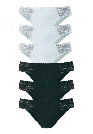 Set van vijf vrouwenonderbroeken, twee lichtblauw met kanten rand en drie zwart met kanten accenten, met een gladde stof en een decoratieve strik.