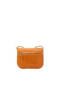 Borsa a tracolla in pelle di un vivace arancione, con una texture liscia, forma arcuata e una tasca posteriore con zip e accessori in argento.