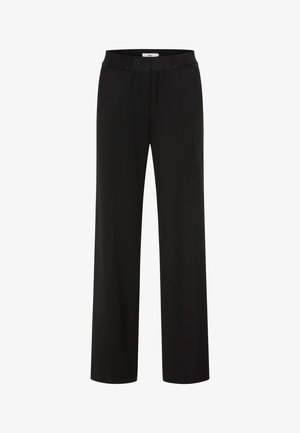 Schwarze Locker-sitzende Hose mit elastischem Bund und dezentem Logodetail am Bund, vor weißem Hintergrund präsentiert.