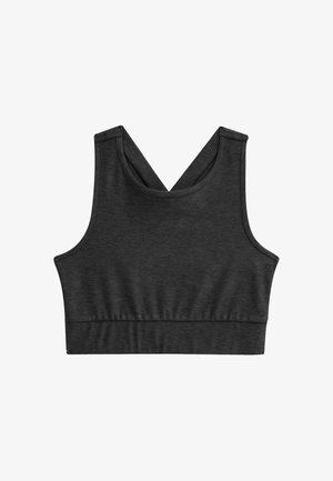 Donkergrijze sportbeha met gekruiste bandjes op de rug en een elastische band onderaan, ontworpen voor sportkleding en comfort.