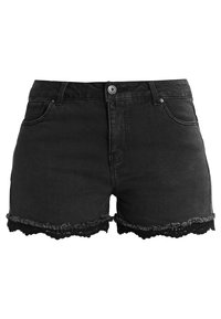 Shorts de mezclilla negra con dobladillo deshilachado y adornos de encaje. Con cierre de botón en la parte delantera y bolsillos laterales, diseñados para una silueta ajustada.