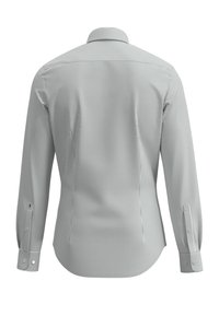 Camicia a maniche lunghe a righe in grigio e bianco, con colletto a punta, polsini con bottone e orlo curvo. Tessuto di morbida consistenza.