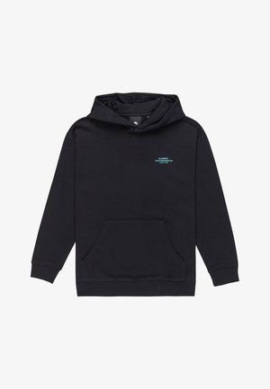 Zwarte hoodie met een voorzak, geribbelde manchetten en een verstelbare trekkoordkap. Bevat een turquoise logo op de borst.