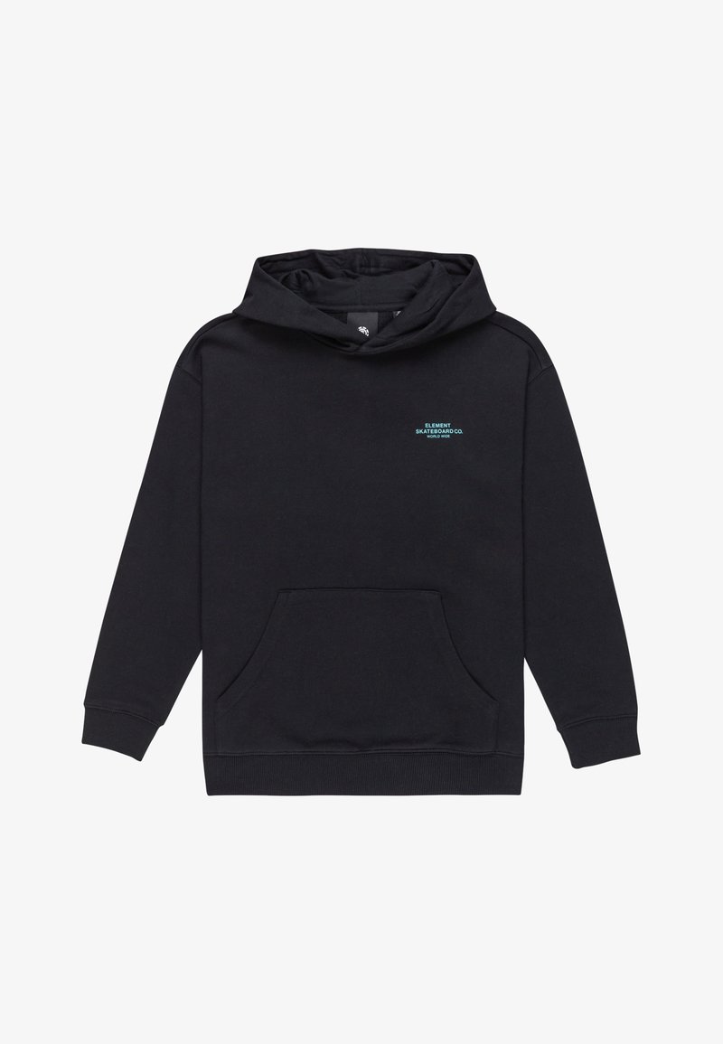 Sudadera negra con un bolsillo frontal, puños acanalados y capucha ajustable con cordón. Presenta un logo turquesa en el pecho.