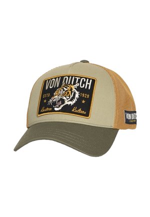Khaki baseball cap with a curved visor, a mesh back, and an embroidered tiger patch on the front. Features "VON DUTCH" text in bold lettering.