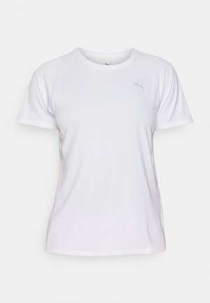 Balta sportinė marškinėlė, pagaminta iš kvėpuojančios medžiagos. Turi apvalią iškirptę ir trumpas raglano rankoves su subtiliu pilku logotipo akcentu.