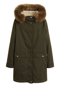 Park z oliwkowej zieleni z futrzanym sztucznym wykończeniem, zapinany na zatrzaski, z dwoma przednimi kieszeniami i miękką, teksturowaną podszewką. Design z kapturem dla zapewnienia ciepła.