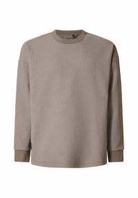 Langärmliger, Rundhals-Sweatshirt in Hellbraun, aus strukturiertem Stoff mit gerippten Bündchen und Saum. Bietet eine lockere Passform und flache Nähte.