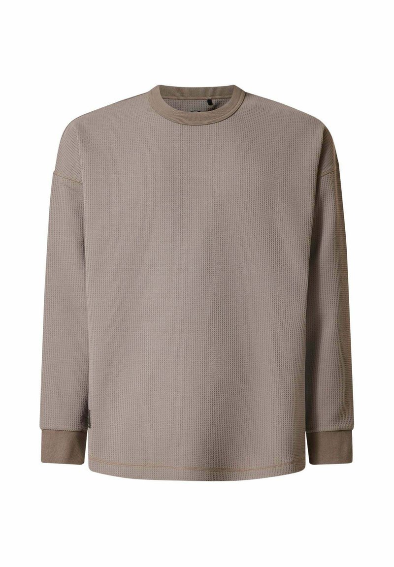 Long-sleeve, crew-neck sweatshirt in light brown, made from textured fabric with ribbed cuffs and hem. Features a relaxed fit and flat seams.