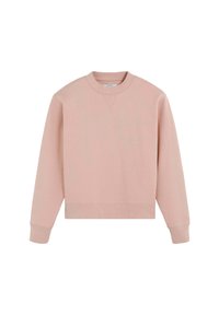 Helles, rosa, kurz geschnittenes Sweatshirt mit langen Ärmeln, gerippten Bündchen und Saum sowie einem Rundhalsausschnitt. Glatte Textur mit leichtem Stretch.