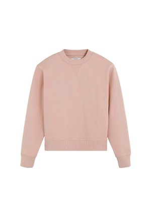 Sudadera recortada de color rosa claro con mangas largas, puños y dobladillo acanalados, y cuello redondo. Textura suave con un ligero estiramiento.