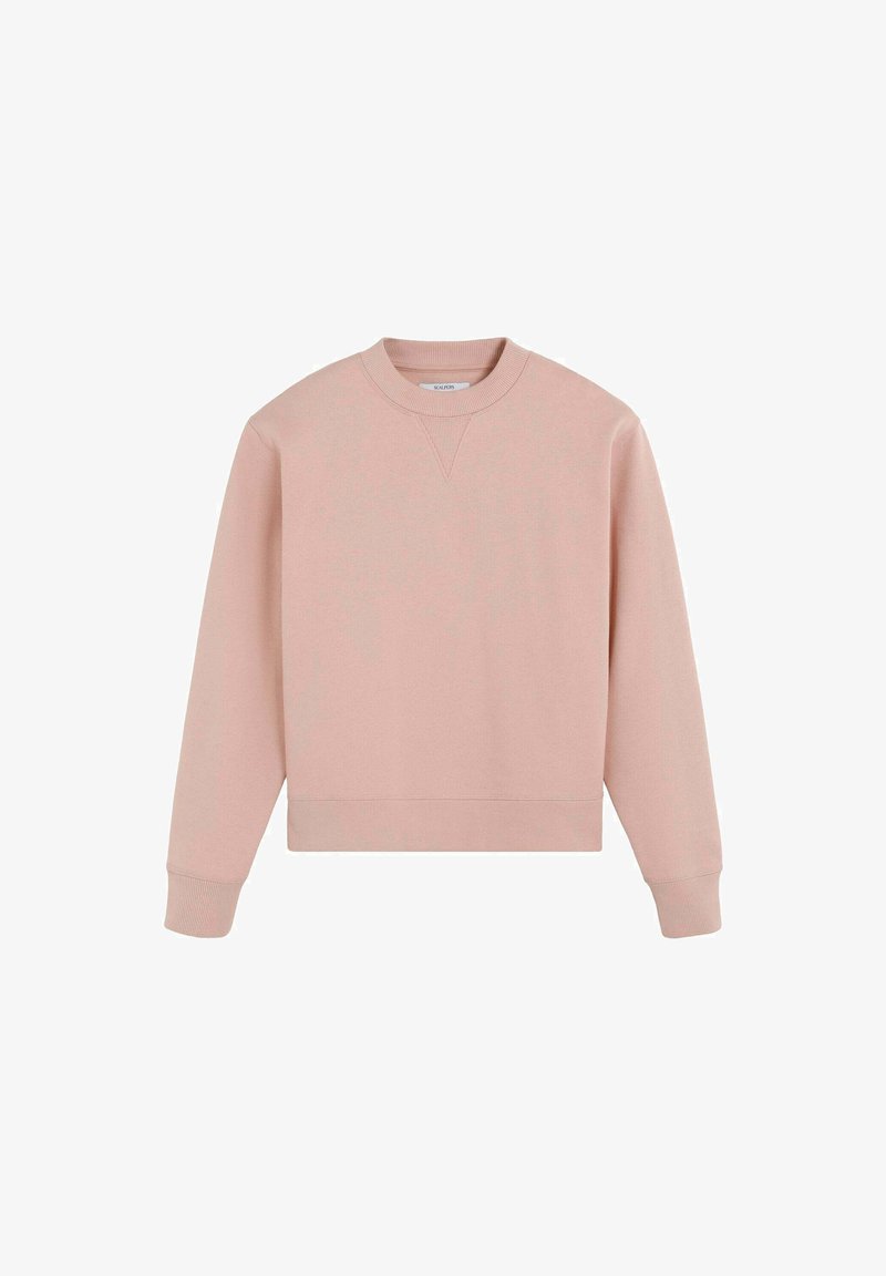 Helles, rosa, kurz geschnittenes Sweatshirt mit langen Ärmeln, gerippten Bündchen und Saum sowie einem Rundhalsausschnitt. Glatte Textur mit leichtem Stretch.