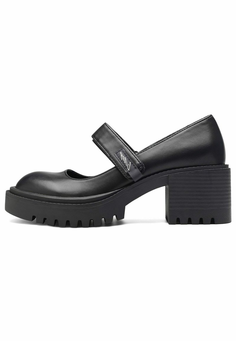 Sorte læder Mary Jane-sko med rundet tå, kraftig platform og tekstureret gummisål. Har en bred rem over foden.