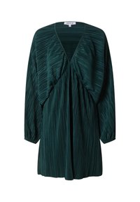 Dunkelgrünes plissiertes Kleid mit tiefem V-Ausschnitt, langen Ärmeln, gerafftem Oberteil und fließendem Schnitt. Hergestellt aus weichem, strukturiertem Stoff.