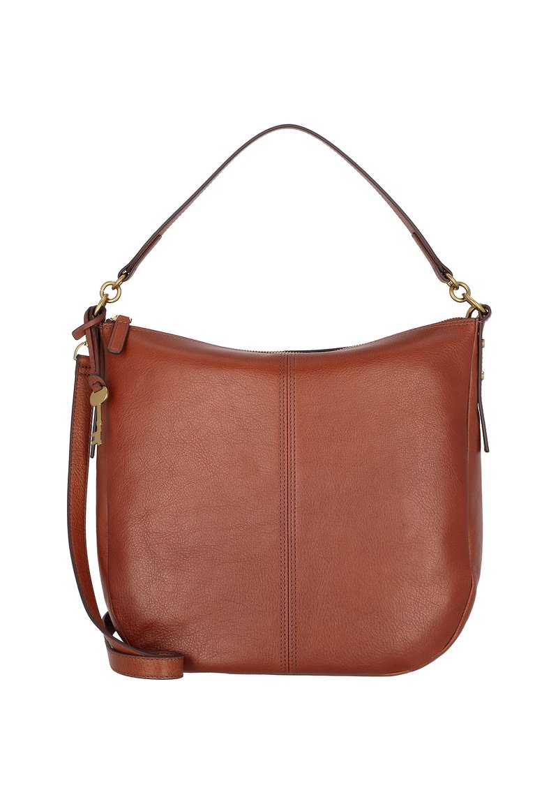 Sac en cuir brun chaud, présentant une forme incurvée, une fermeture éclair en haut et une bandoulière détachable pour des options de port polyvalentes.