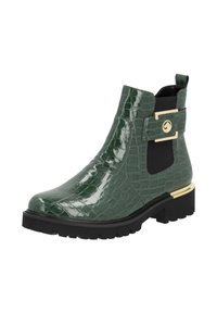 Bottine brillante verte au motif croco avec panneau latéral élastique noir, boucle décorative dorée et semelle épaisse noire à crampons.