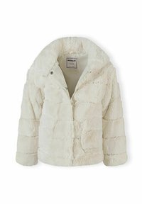 Faux fur-jacka i off-white färg, med en bred krage, knäppning fram och en quiltad textur med stora rektangulära paneler.