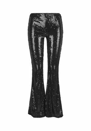 Zwarte flared pants bedekt met pailletten, met een aangesloten silhouet en een glanzende, reflecterende textuur die hun ontwerp versterkt.