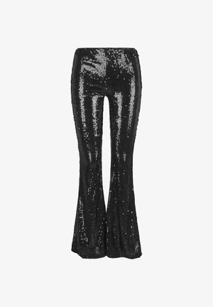 Zwarte flared pants bedekt met pailletten, met een aangesloten silhouet en een glanzende, reflecterende textuur die hun ontwerp versterkt.
