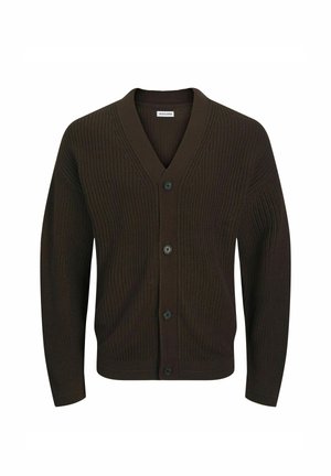 Cardigan en tricot marron avec un col en V, des manches longues et cinq boutons sur le devant. Texture côtelée, coupe décontractée et couleur unie.