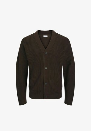 Cardigan marrone a maglia con scollatura a V, maniche lunghe e cinque bottoni sul davanti. Tessuto a costine, vestibilità casual e colore unito.