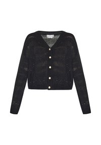 Cardigan nero lavorato a maglia con scollo a V, maniche lunghe e cinque bottoni crema sul davanti. Presenta una silhouette cropped e una texture a trama aperta.