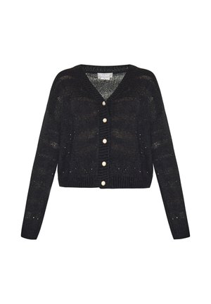 črn pleteni cardigan z V-izrezom, dolgimi rokavi in petimi kremnimi gumbi spredaj. Ima skrajšano silhueto in odprto teksturo.
