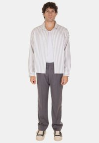 Camicia a maniche lunghe a righe grigia chiara, abbinata a pantaloni grigi su misura e sneakers color crema. Tessuto morbido e vestibilità classica.