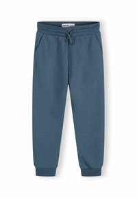 Fleece nohavice v tlmenej modrej farbe, s elastickým pásom, šnúrkou a dvoma bočnými vreckami s rebrovanými manžetami na členkoch.