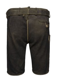 Shorts en cuir marron avec une finition texturée, dotés d'une taille haute, de passants de ceinture et d'une petite poche latérale avec un détail de bouton.