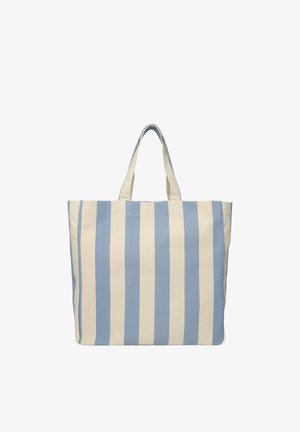 Borsa a tracolla a righe in tela blu e crema. Presenta due manici robusti e un design spazioso. La texture è liscia con una leggera lucentezza.
