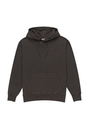 Dark gray hoodie made of cotton blend, featuring a front kangaroo pocket, drawstring hood, ribbed cuffs, and embroidered logo on chest.
