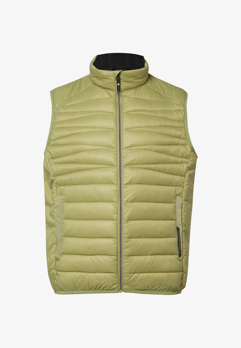 Jasnooliwkowa pikowana kamizelka z wysokim kołnierzem, zamkiem błyskawicznym z przodu i poziomym pikowaniem. Posiada boczne kieszenie i elastyczne wykończenia na otworach na ręce.