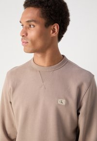 Lysebrunt sweatshirt lavet af blødt stof. Har en ribbet krave og et lille mærket øjemærke foran. Glat tekstur med subtil syning.
