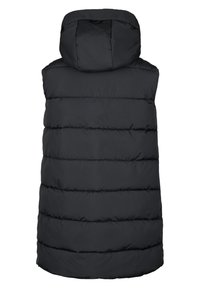 Svart pufferväst med huva, som har horisontella quiltade linjer, en mjuk yta och en medellång längd. Ingen synlig hårdvara eller fickor.