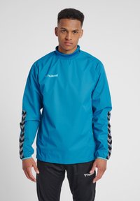 Blauwe, lichtgewicht jas met lange mouwen en een hoge kraag. Kenmerkt zich door zwarte chevronaccenten op de mouwen en een logo op de borst.