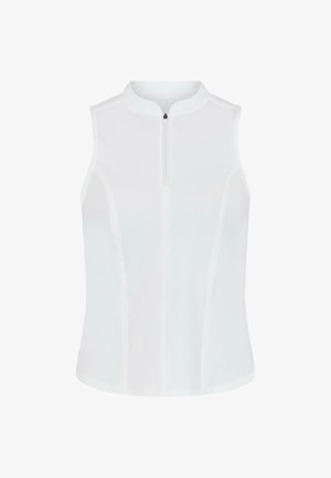 Top athletic alb fără mâneci, cu un guler înalt și un fermoar frontal, având detalii subtile ale cusăturilor pentru o siluetă ajustată.