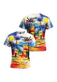 T-Shirt mit kurzen Ärmeln, das ein farbenfrohes, abstraktes Muster mit Häusern und Palmen zeigt, überwiegend in Blau, Gelb, Rot und Weiß.