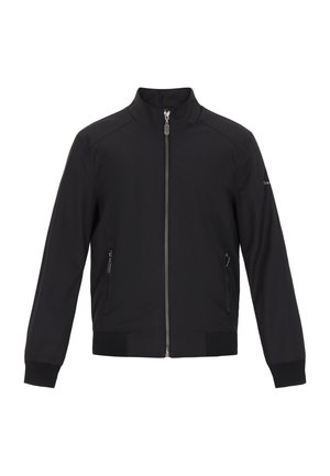 Schwarze Bomberjacke aus glattem Stoff, mit hohem Kragen, durchgehendem Reißverschluss vorne und zwei seitlichen Reißverschlusstaschen, sowie gerippten Bündchen und Saum.