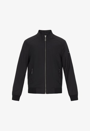 Schwarze Bomberjacke aus glattem Stoff, mit hohem Kragen, durchgehendem Reißverschluss vorne und zwei seitlichen Reißverschlusstaschen, sowie gerippten Bündchen und Saum.