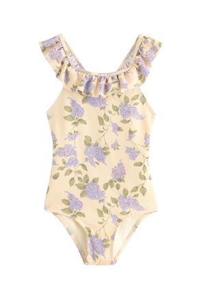 Ærmeløs beige badedragt med lavendelfarvet blomsterprint og flæsekrave på hvid baggrund.