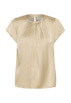 Blusa in satin beige con maniche corte, scollatura rotonda e apertura a chiave sulla schiena. Presenta pieghe verticali sul davanti per un tocco di texture in più.
