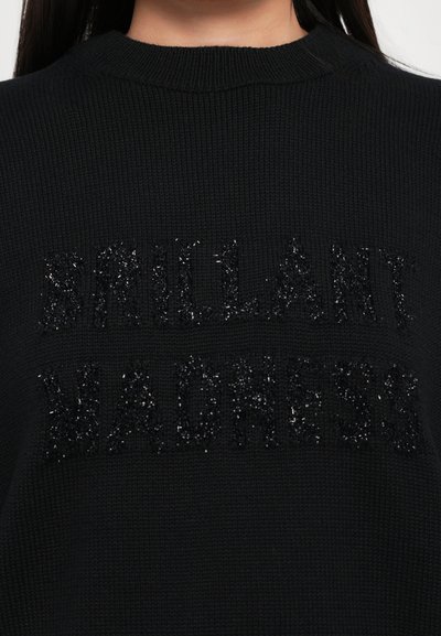 Svart strikket genser med teksturert skrift "BRILLIANT MADNESS" i blanke, svarte tråder. Klassisk rund halsdesign, myk tekstur.