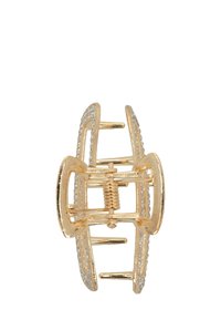 Fibbia in oro con design geometrico, decorata con strass trasparenti lungo i bordi e un meccanismo a molla centrale per una chiusura sicura.