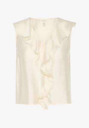 V-Ausschnitt, ärmellose Bluse aus weichem, elfenbeinfarbenem Satin. Mit einem gerafften Vorderdetail, glatter Textur und lockerer Passform.