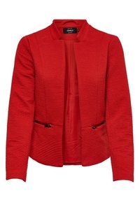 Roter strukturiertes Blazer mit offenem Frontbereich, langen Ärmeln, Stehkragen und Reißverschlusstaschen auf beiden Seiten.