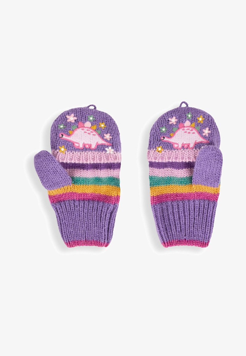 Mittens lavorate a maglia in viola con un design di dinosauro rosa e accenti floreali. Polsini a righe colorate in rosa, giallo, verde e blu.