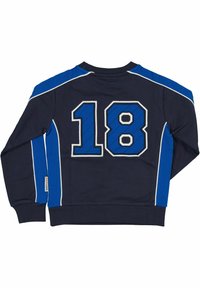 Merinovärinen collegepaita med blå accenter, med ett stort broderat nummer "18" på baksidan, ribbade ärmslut och nederkant, samt rund halsringning.